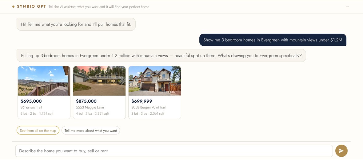The AI assistant answering a buyer in plain English and showing three matching homes with photos, prices, beds and baths inside the conversation