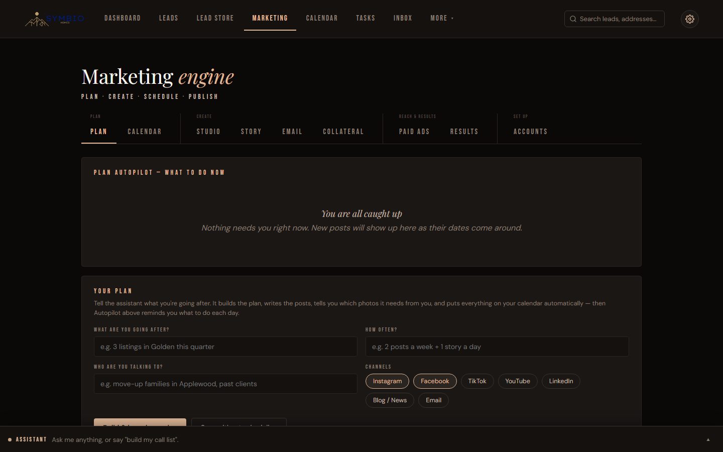 The marketing engine planning and scheduling posts across channels