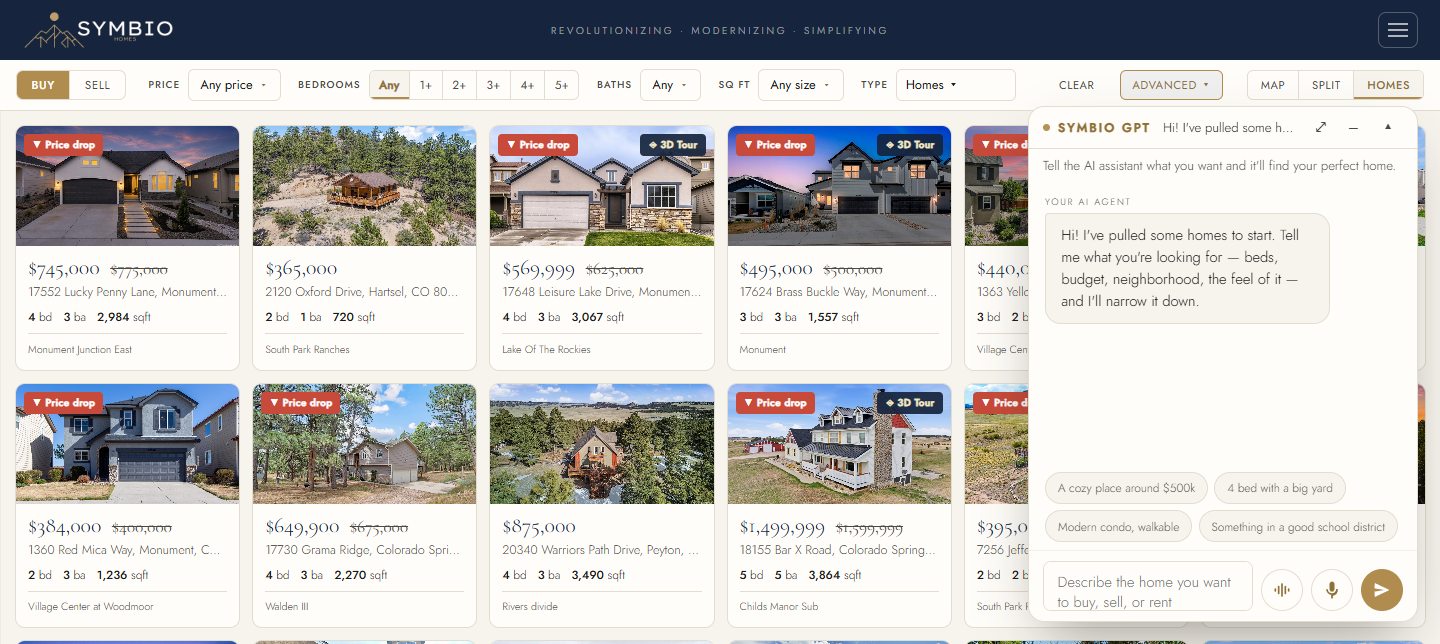 Live property search on a Symbio-built site, with filters, listing photos and the AI assistant